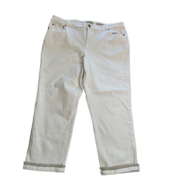 LOGO by Lori Goldstein Skinny Capri Length White Denim Tan Fringe Hem Size 18W - Picture 4 of 11